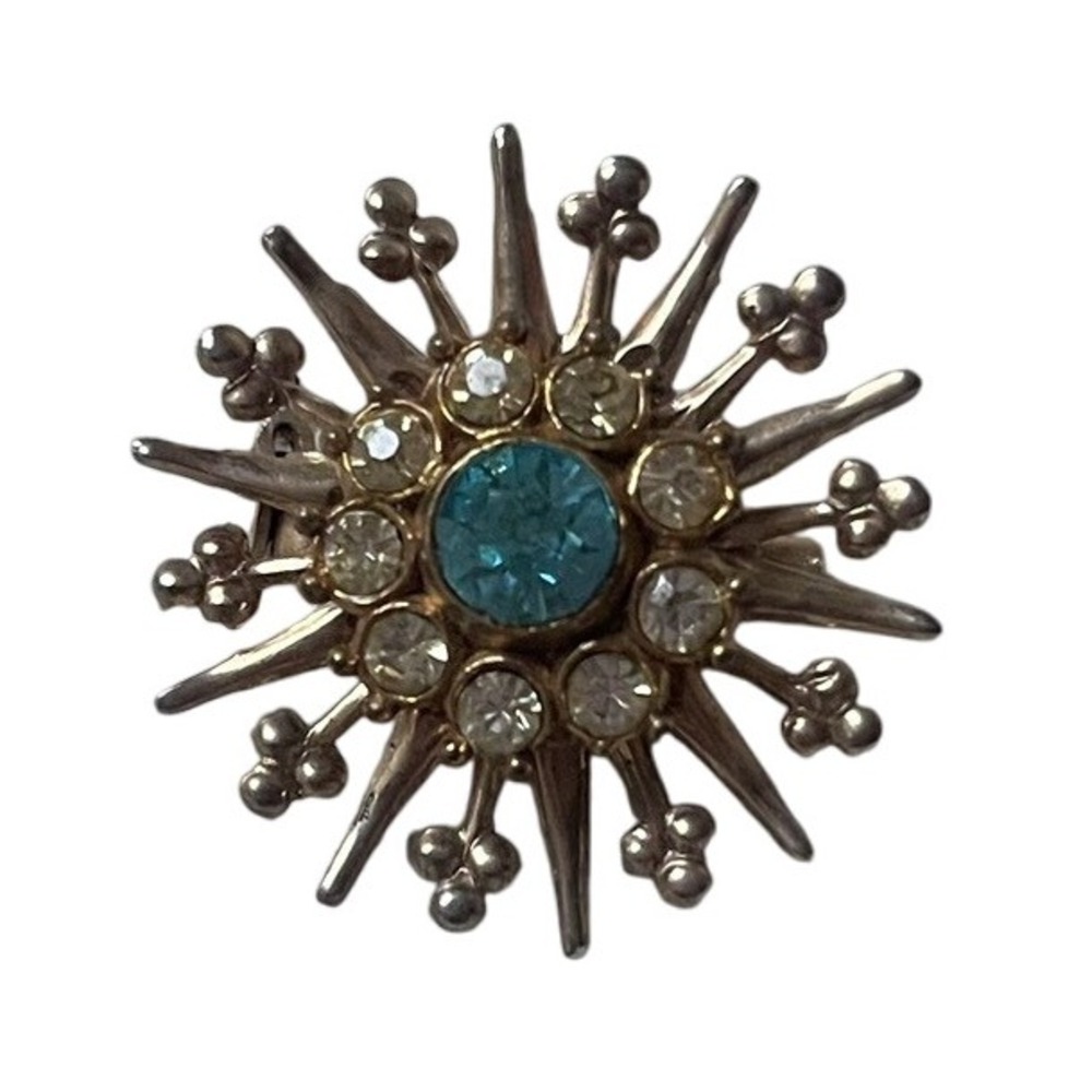 Vintage Turquoise Blue Rhinestone Gold Tone MCM Atomic Starburst Flower Brooch